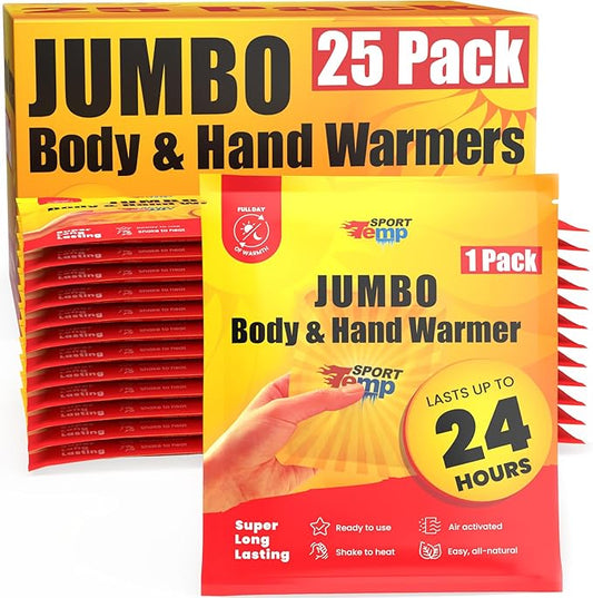 Jumbo Hand & Body Warmers (25 Count) - Up to 24 Hours of Heat, Super Long Lasting - Easy, All Natural - Air Activated, for Body & Hands - Odorless Hot Hand Warmer - Sport Temp