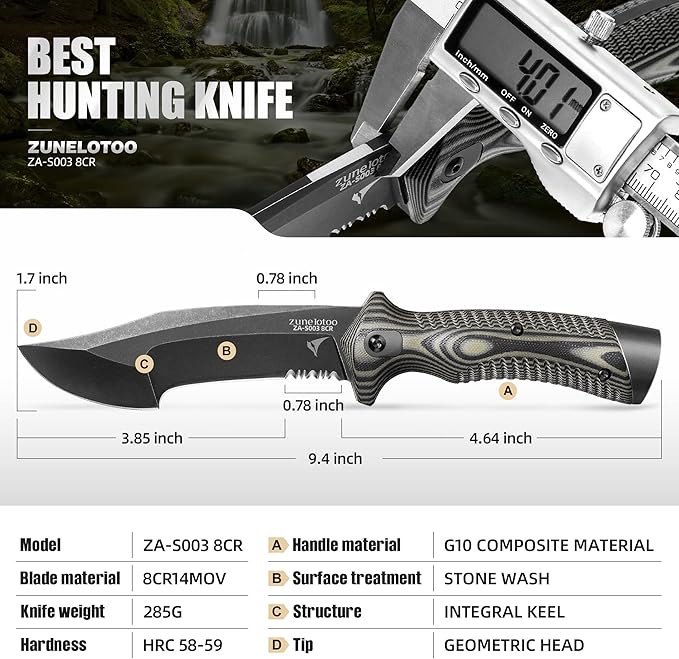 ZUNE LOTOO Full Tang Fixed Blade Tactical Knife for Men, 9.4" Bowie Knife with Kydex Sheath & G10 Handle, 8Cr14mov Survival Hunting Knives for Bushcraft Camping Outdoor Skinning