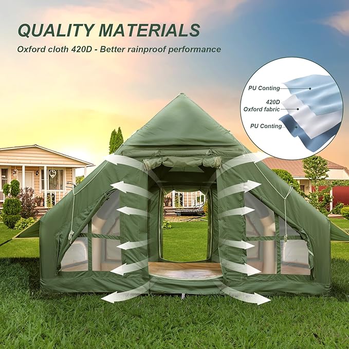 Inflatable Camping Tent with Pump and Stove Jack, 4-6 Person Inflatable Tent for Camping, Easy Setup Waterproof Inflatable House Tent