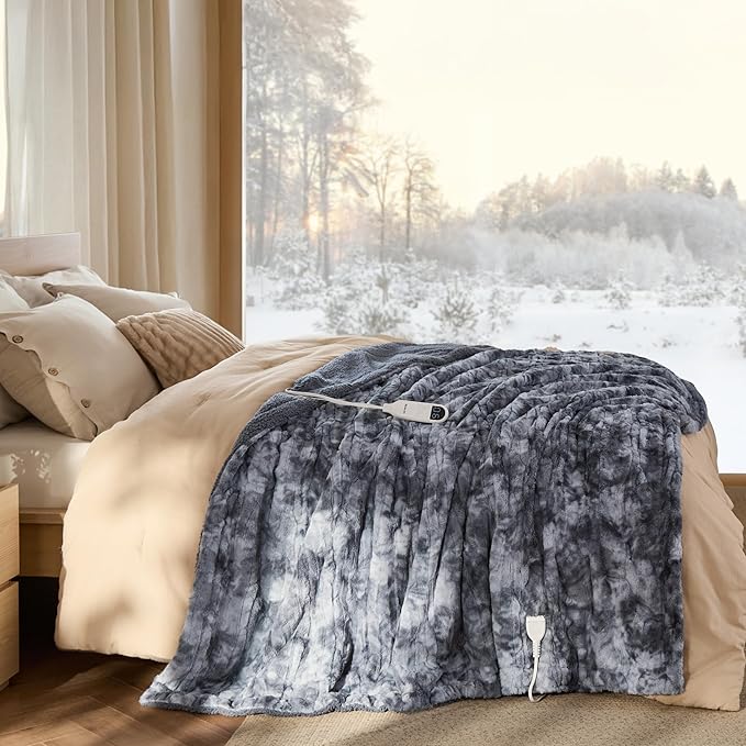 Bedsure Faux Fur Heated Blanket Full Size, Fast Heating Electric Blanket Full Size with 6 Heating Levels & 10 Time Settings, Cozy Gifts for Women Men (72x84 inches, Grey)
