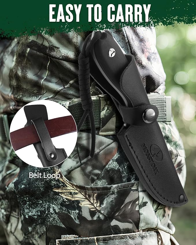 Mossy Oak 8.75 Inch Fixed Blade Knife with Leather Sheath, Full Tang Outdoor Camping Knife, G10 Handle for Bushcraft, Survival, Camping, Hiking