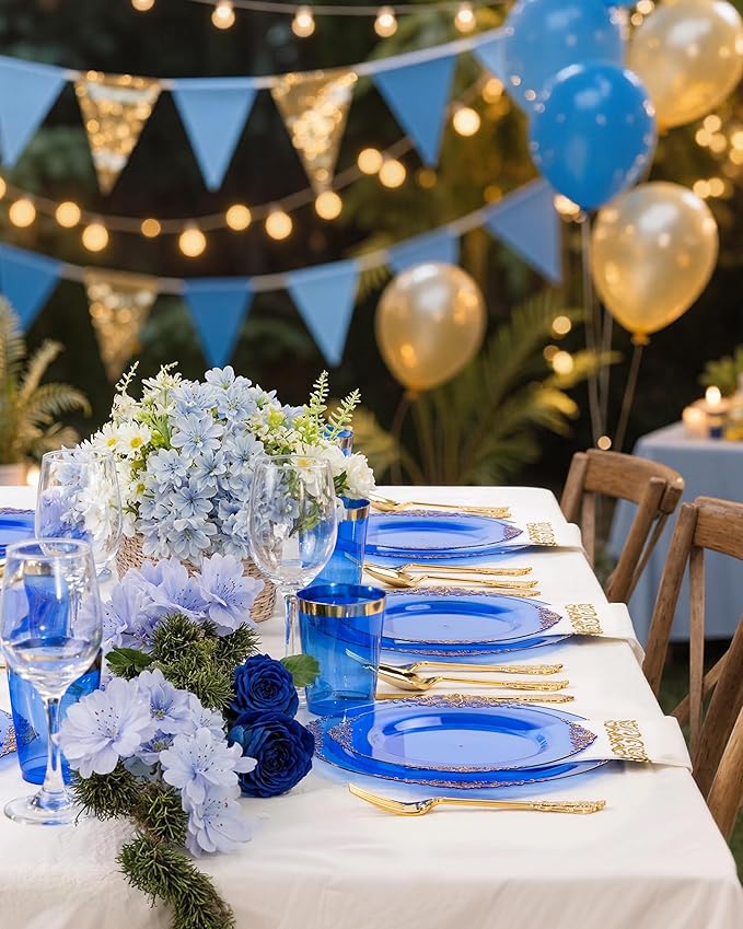 Nervure 175PCS Blue Plastic Plates - Disposable Blue Gold Party Plates & Pre Rolled Napkins with Cutlery for 25 Guests, 50Plates, 75Silverware, 25Cups, 25Napkin for Wedding & Party & Independence Day