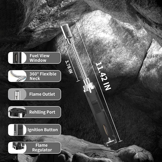 Torch Lighter, Long Flexible Neck Refillable Butane Lighter, Jet Flame Windproof Lighter with Visual Fuel Window for Kitchen Cooking, Baking, BBQ & Camping (Fuel Not Included)