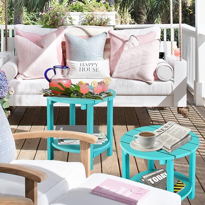LZRS Round Adirondack Side Table Double End Table, Outdoor Side Tables for Patio, Backyard,Pool, Indoor Companion, Easy Maintenance & Weather Resistant(Turquoise)