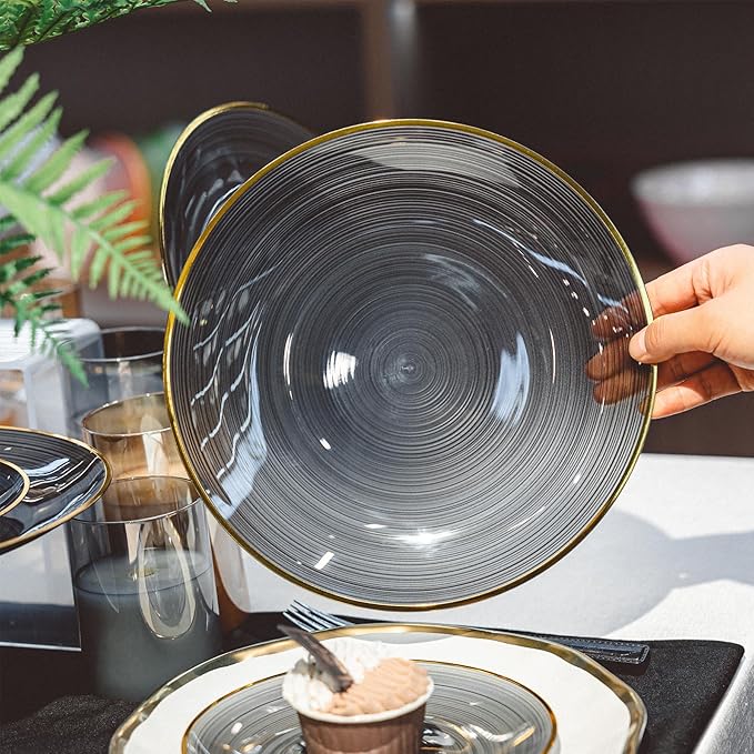 100PCS Transparent Black Gold Plastic Plates, 10 Inch Heavy Duty Disposable Dinner Plates with Gold Rim, Round Party Plates for Wedding, Party, Camping, Picnic, Birthday