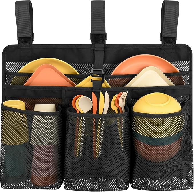 Xxerciz Camping Dish Drying Bag Collapsible Dish Drying Rack, Portable Mesh Dinnerware Drainer Organizer for RV Campers Travel Trailers Space Saving Camping Kitchen Storage Rack