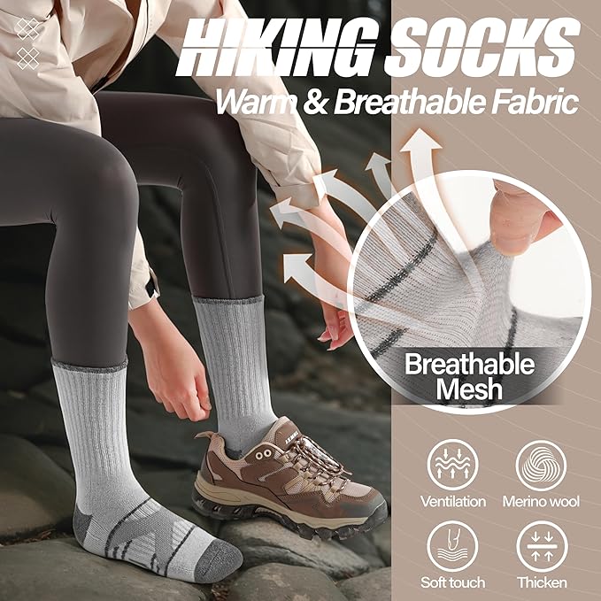 ANTSANG 5 Pairs Merino Wool Hiking Socks for Men & Women Thermal Winter Warm Moisture Wicking Cushion Boot Socks
