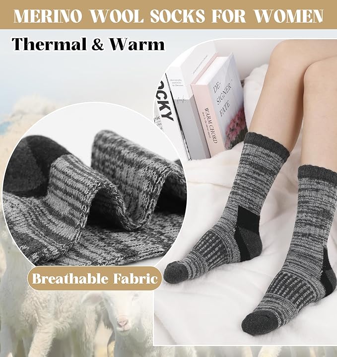 Justay 4 Pairs Merino Wool Socks for Women, Hiking Thermal Warm Winter Cozy Thick Boot Socks for Women Gifts