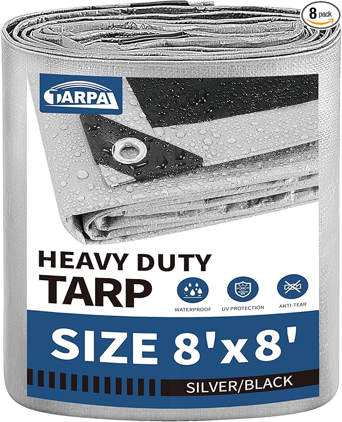 TARPAL 8x8 Feet Tarps Silver 10.5Mil Multipurpose Protective Cover Heavy Duty Tarp Waterproof,Snow or UV Protection, Durable Reinforced Edges