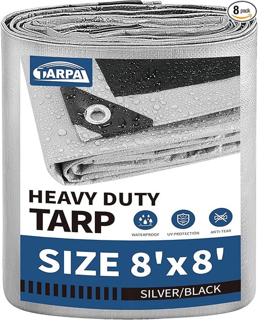 TARPAL 8x8 Feet Tarps Silver 10.5Mil Multipurpose Protective Cover Heavy Duty Tarp Waterproof,Snow or UV Protection, Durable Reinforced Edges