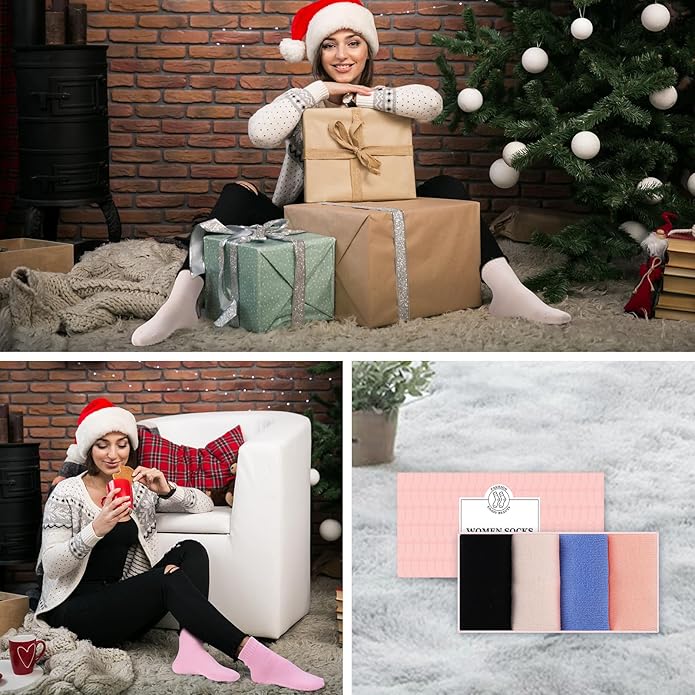 HUGSWEET Thermal Winter Socks for Women Extra Thick Insulated Heated Slipper Socks for Cold Weather 4 Pairs (Multicolor)