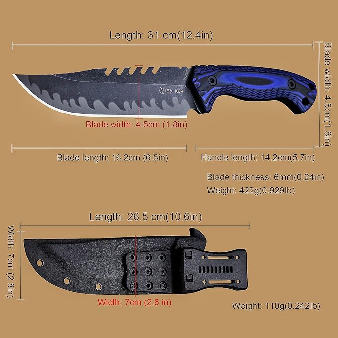 BA-KOR 12.4in Full Tang Fixed Blade Hunting Knife โ 6mm 9CR18MoV Steel, G10 Handle, Stonewashed Sawback Blade with Kydex Sheath & Fire Starter for Outdoor, Camping, Survival (Blue and black stripes)