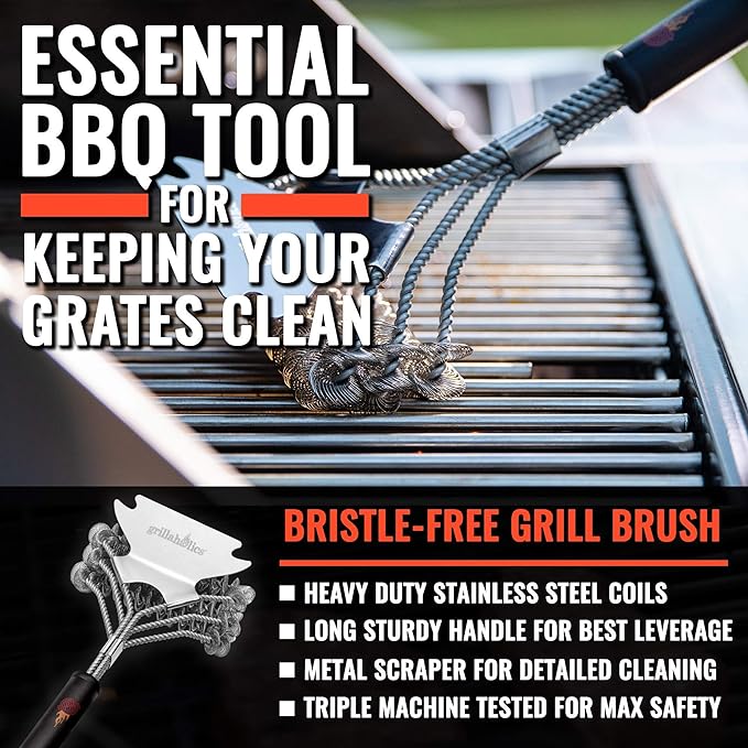 Grillaholics Grill Brush for Outdoor Grill - Safe Bristle Free BBQ Brush with Built-in Scraper – The Perfect Grilling Accessory for Cleaner Grilling