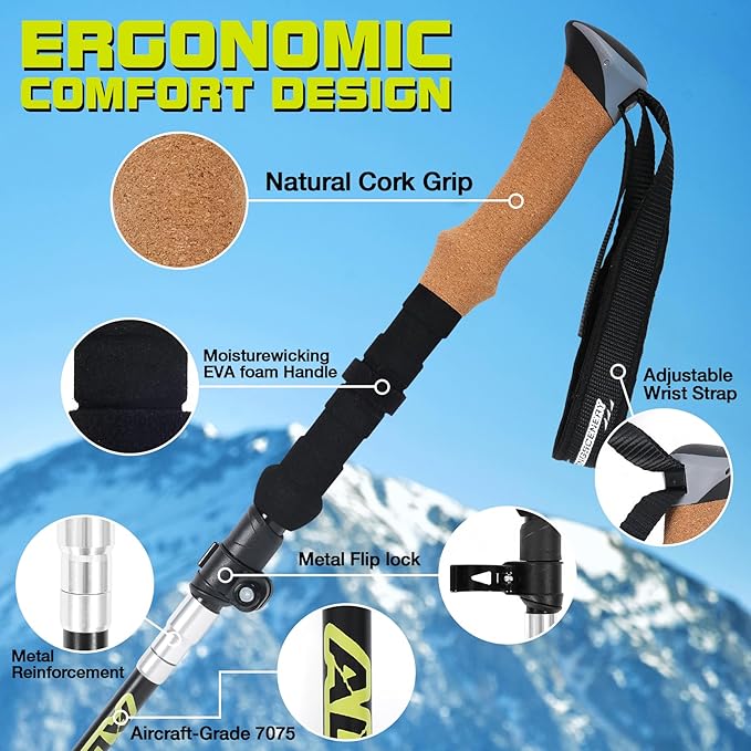 Collapsible Trekking Poles for Hiking-Lightweight Adjustable Walking Sticks with 7075 Aluminum,Anti-Shock,Quick Lock&Cork Grips for Men/Women, Camping, Backpacking, Mountaineering, 2 Pcs