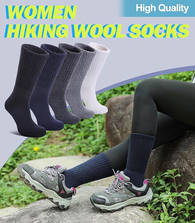DYW Womens Merino Wool Hiking Socks Thermal Warm Winter Boot Crew Socks Cushion Work Walking Gift Socks 5 Pairs