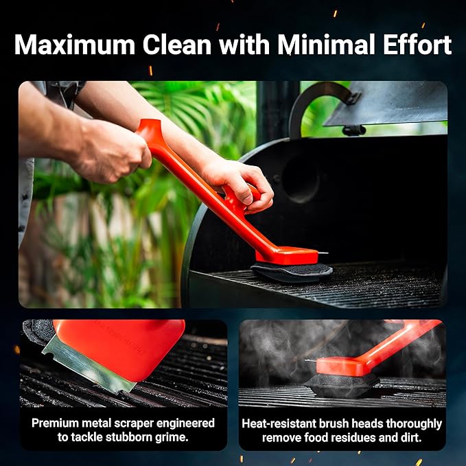 Grill Brush Bristle Free with 3 Replacement Brush Heads, Steam Grill Brush with Scraper, Non Metal Bristles for Cast Iron, Stainless-Steel Grates, Safe for Non-Stick Surface