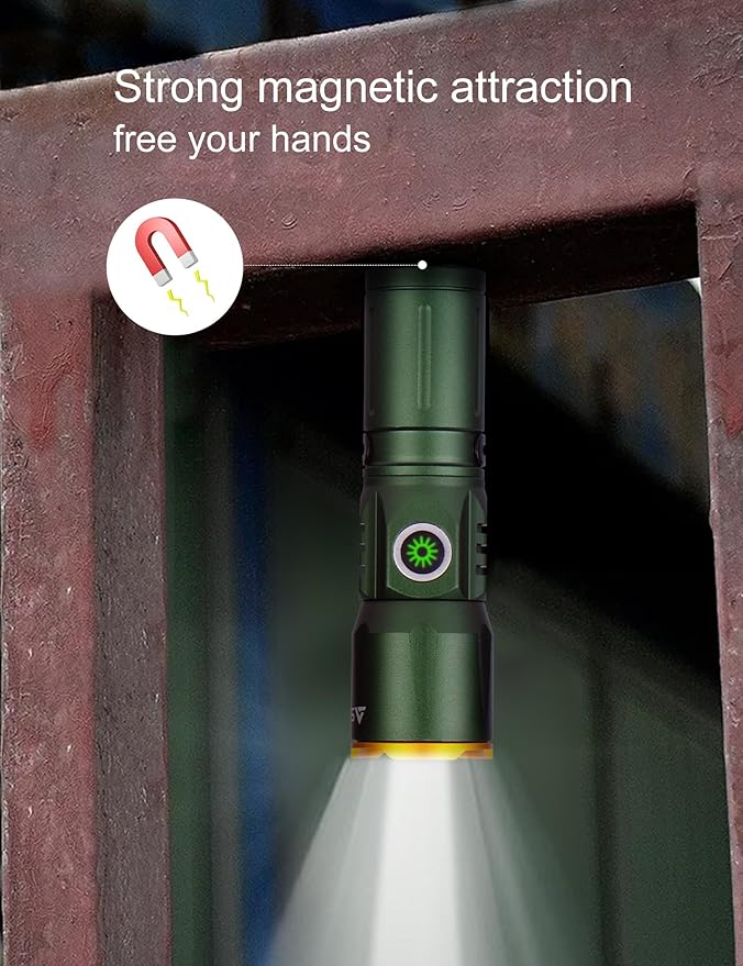 Mini Rechargeable LED Super Bright Flashlight,IP67 Waterproof Zoomable 2000 Lumens Tactical Flashlight with Magnets,4 Adjustable Light Source Modes for Camping,Hiking,Outdoor,Emergencies(Green)