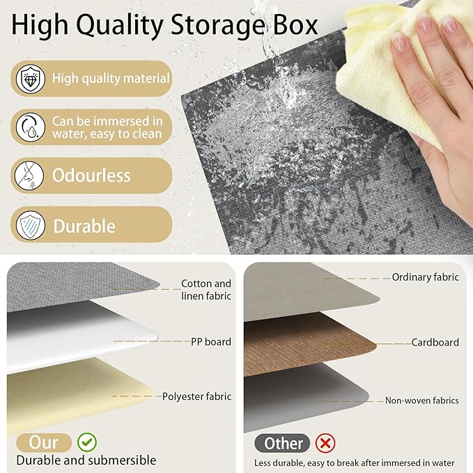 Yawinhe Storage Bins with Lids, Closet Baskets, Washable and Leather Handle, Collapsible Boxes for Home, Grey, 17.7''Lx11.8''Wx11.8''H, 3-Pack, USNK024GX-3