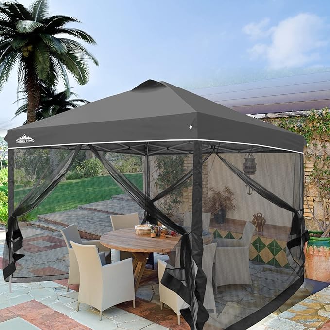 EAGLE PEAK 10x10 Outdoor Easy Pop up Canopy with Netting, Instant Screen Party Tent with Mesh Side Walls, Gray