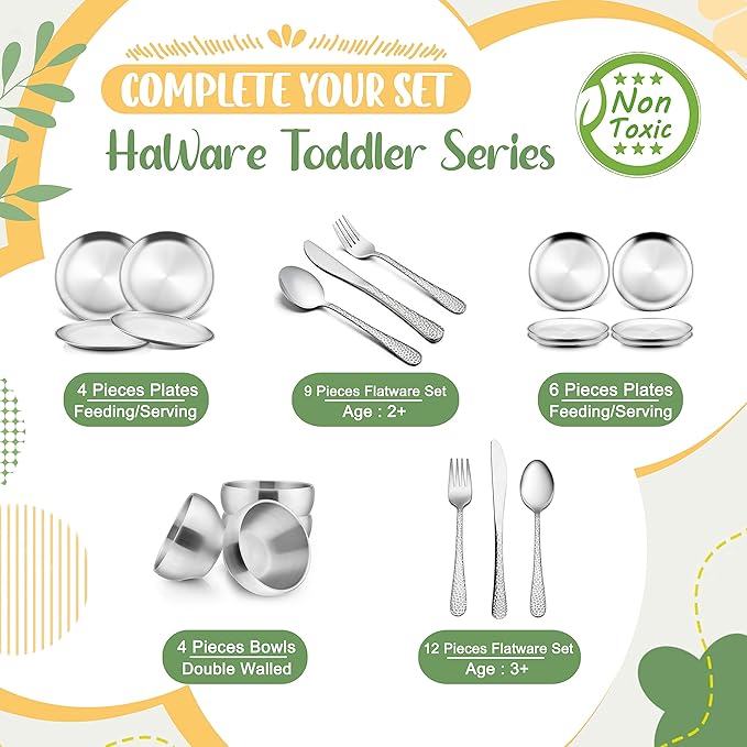 HaWare 4-Piece 18/8 Stainless Steel Plates, Metal 304 Dinner Dishes for Kids Toddlers Children, 9 Inch Feeding Serving Camping Plates, Reusable Dinnerware, Shatterproof & Non-toxic, Dishwasher Safe