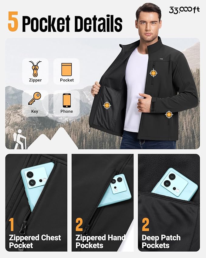 33,000ft Men's Waterproof Softshell Jacket Warm Fleece Lined Windbreaker Lightweight Soft Shell for Travel Hiking Golf