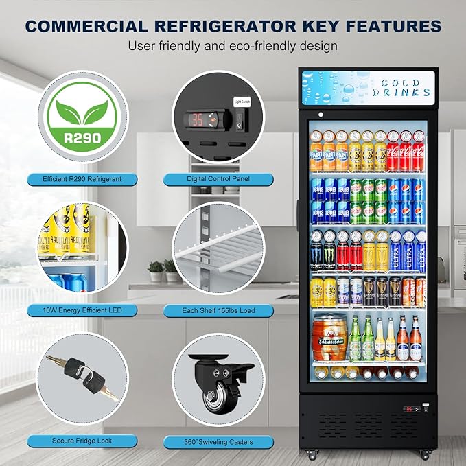 Commercial Glass Door Display Refrigerator 15 cu.ft Commercial Beverage Refrigerators with LED Light and 5 Shelves for Cafe, Restaurant, Store, Bar