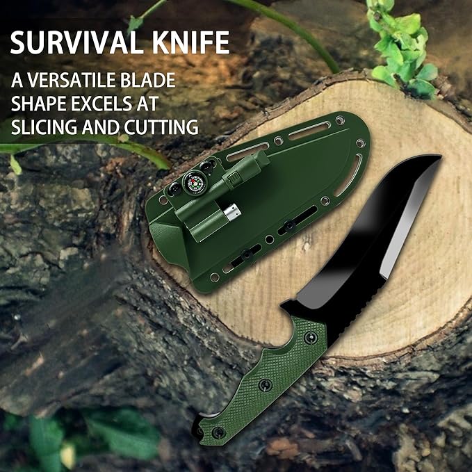 Fixed Blade Survival Knife with K Sheath – 5Cr13MoV Steel Tactical Outdoor Tool with Fire Starter, Compass, Whistle & LED – 10.8" Full Tang Bushcraft Knife for Camping, Hunting, EDC