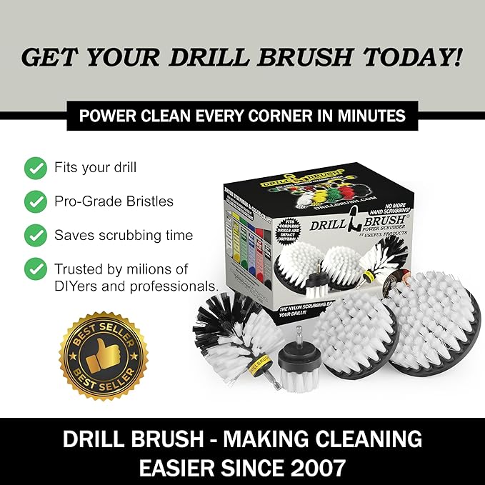 Interior Car Detailing Drill Brush Set - Soft Bristle Power Scrubber Attachments for Cleaning Car, Truck, Upholstery, Carpet, Leather, Seats, Wheels, Rims, Dash, Console, & Trim - Nylon Auto Scrubber