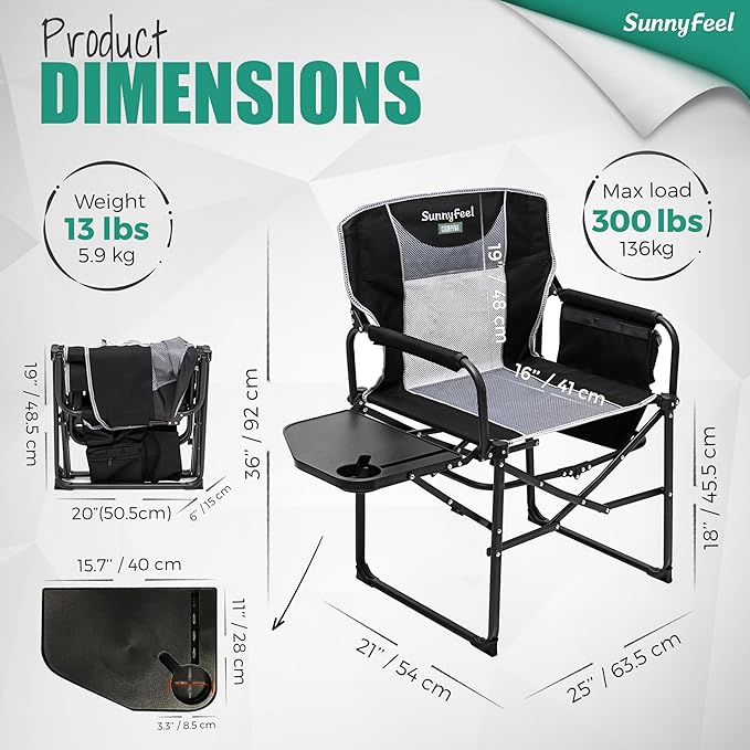 SUNNYFEEL Oversized Camping Directors Chair, Portable Folding Lawn Chairs for Adults Heavy Duty with Side Table,Pocket for Beach, Fishing,Picnic,Concert,Tailgating,Outdoor Foldable Camp Chair