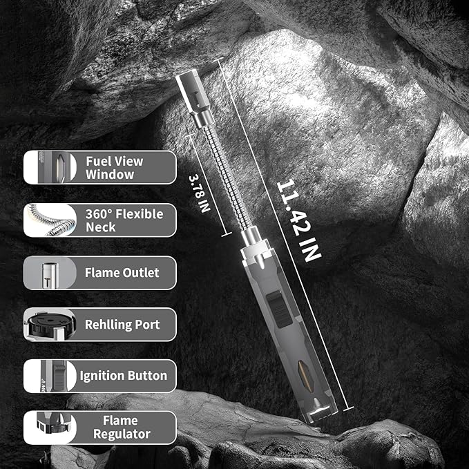 Torch Lighter, Long Flexible Neck Refillable Butane Lighter, Jet Flame Windproof Lighter with Visual Fuel Window for Kitchen Cooking, Baking, BBQ & Camping (Fuel Not Included)