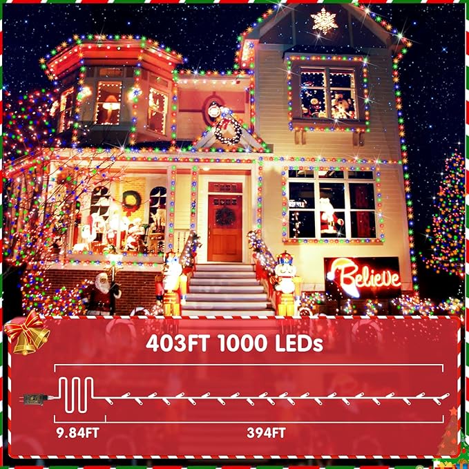 XURISEN 403FT 1000 LED Christmas Lights Outdoor Green Wire String Lights 8 Modes with Timer Memory Waterproof Fairy Light Plug in for Xmas Tree Wedding Yard Party Holiday Decorations(Multicolor)