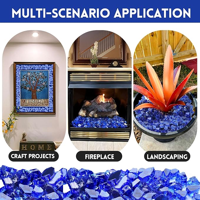 20 Pounds Fire Glass 1/2 Inch High Reflective Tempered Firepit Glass Rocks for Fireplace, Fire Pit Table, Fire Bowl and Landscaping (Cobalt Blue)