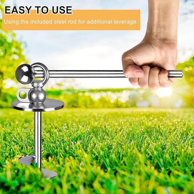 Heavy Duty Dog Tie Out Stake, 15" Dog Anchor, 360° Swivel, No Tangle, Easy Install, for Large Dogs up to 220lbs, Perfect for Yard, Camping, Beach (Silver)