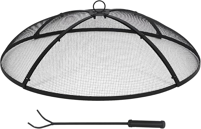 Lineslife Fire Pit Spark Screen, Fire Pit Screen 30 Inch Round with Handle & Poker, Heavy Duty Collapsible Outdoor Fire Pit Mesh Screens, Metal Firepit Lid for Patio Backyard Beach RV Camping, Black