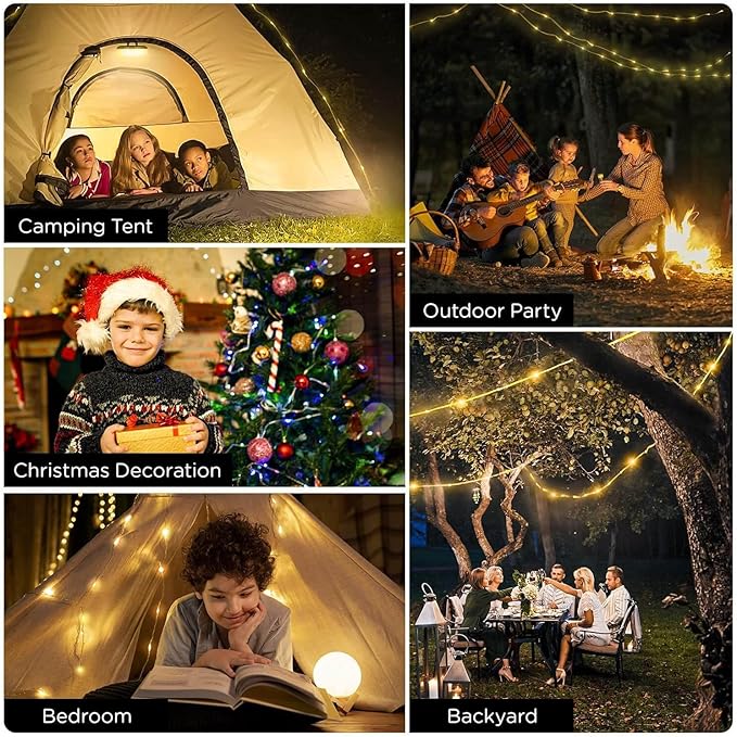 OGERY 2-Pack Camping String Lights, 4 in 1 Quick Storage 32.8FT Rechargeable Tent Lights String with 8 Lighting Modes, Hanging Waterproof Portable LED Lamp for Outdoor Patio Awning Party Essentials