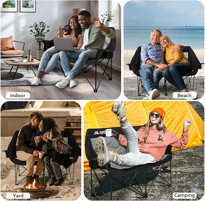2 Person Camping Chair Oversized Loveseat Camping Chair Double Camping Chairs for Adults Heavy Duty Camping Couch Black Outdoor Folding Chair Portable Patio Lawn Chair
