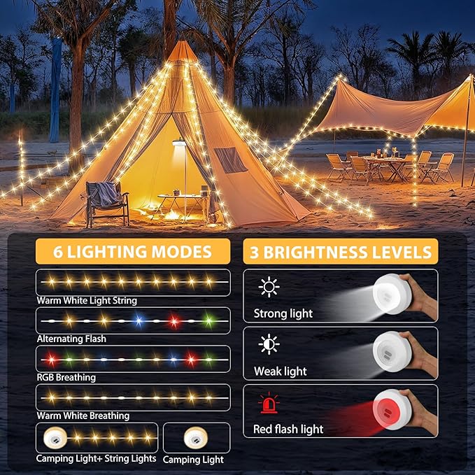 Camping String Lights, 4 in 1 Quick Storage Camping Essentials Gear 32.8FT Rechargeable Tent Lights with 9 Modes Warm +RGB Waterproof Camp Lamp for Camping Hiking Patio Garden Halloween Xmas Decor