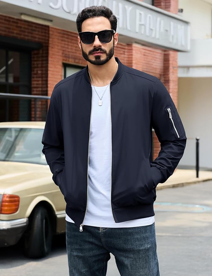 TACVASEN Mens Bomber Jacket Plaid Lined Casual Windbreaker Stylish Light Fall Spring Jackets Windproof Zip Up Coat