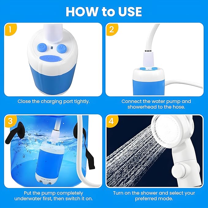 Portable Camping Shower,Rechargeable Outdoor Shower Kit with Foldable Bucket & Handheld Spray,Lightweight Travel Shower for Camping,Hiking,Beach,Car Washing,Pets & Emergency Use