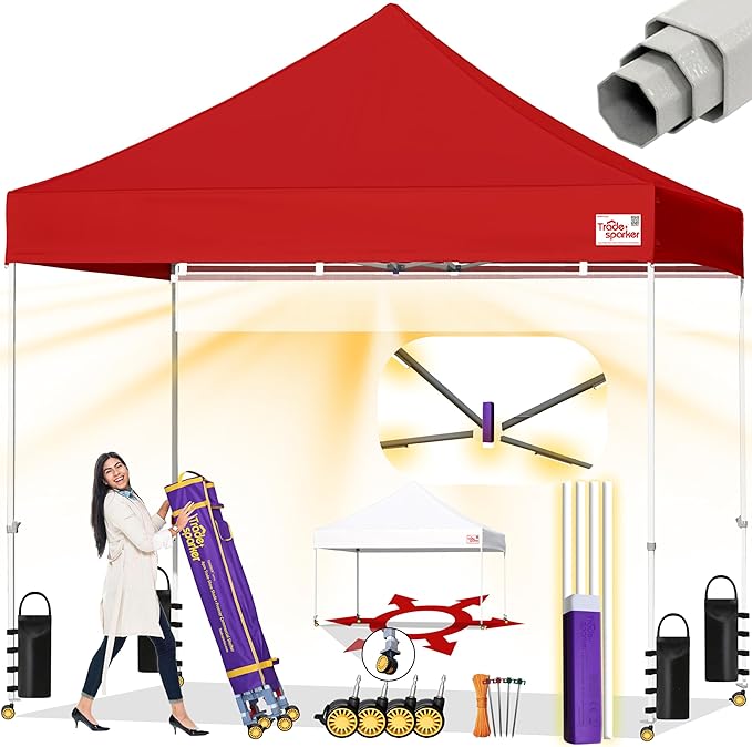 Tradesparker 10x10 Pop Up Canopy Tent,Easy up Commercial Canopy Tent Instant Shelter for Beach Events Parties Camping Market,Pop Up Canopies with LED Curtain+Casters+Weight+Stakes,Red