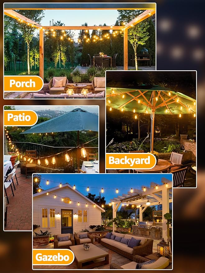 Outdoor String Lights 60FT, IP45 Waterproof ST38 Outdoor Lights with Shatterproof Bulbs (2 Spare Bulbs), 2200K Energy Saving and Connectable Patio Light for Balcony Yard Party Wedding