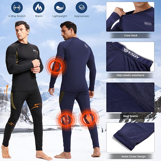 romision 2 Pack Thermal Underwear for Men Long Johns Fleece Lined Hunting Gear Bottom Top Set Base Layer Cold Weather XS-4XL