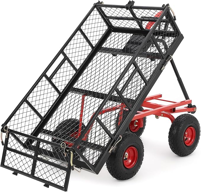 Heavy Duty Steel Garden Dump Cart 880 Lbs Capacity, Metal Garden Wagon with Removable Mesh Sides, Utility Metal Dump Wagon with 180° Rotating Handle, 10-inch All Terrain Wheels & Utility Liner