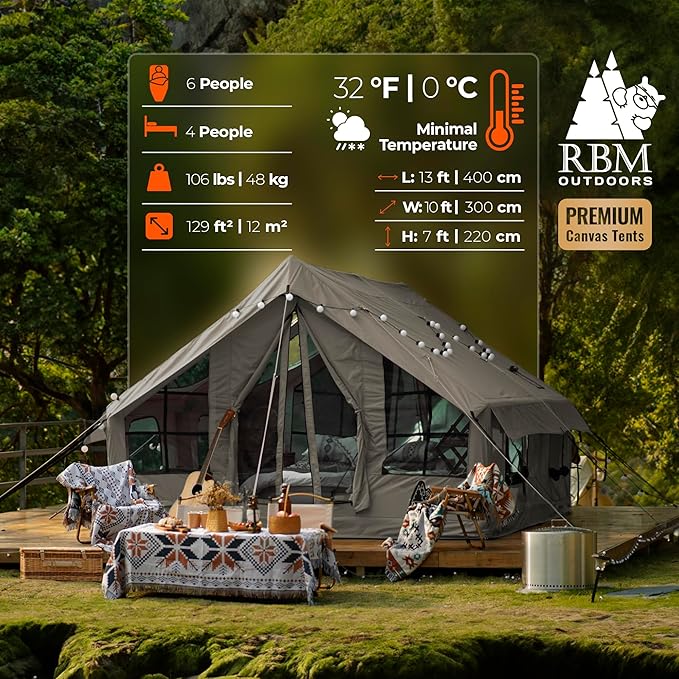 Panda Inflatable Tents for Camping with Stove Jack, Canvas Blow Up, Easy Setup Inflatable Tent, Waterproof Hot Inflatable Outdoor House, Casa de Campaña with Hand Pump