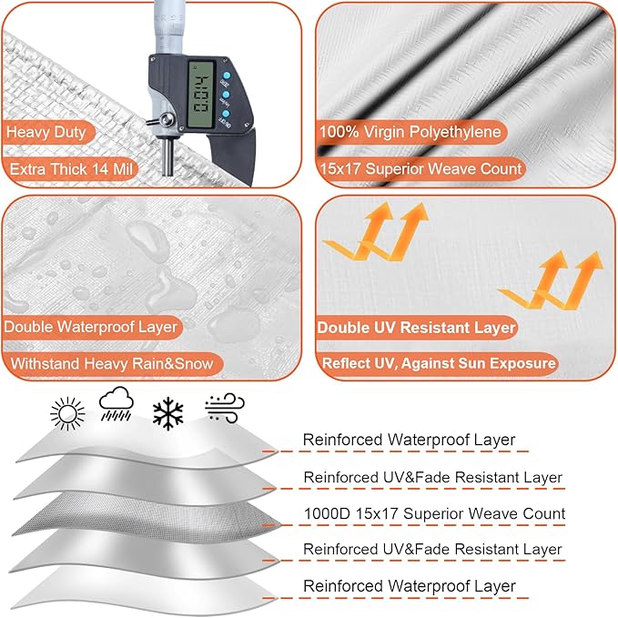 Tarp Waterproof 10x12 Ft Heavy Duty Tarp Thicker 14 Mil Large Tarps with Grommets and Reinforced Edges, UV Resistant Tear&Fade Resistant Plastic Tarp for Outdoor Camping Roof Pool Tent, White