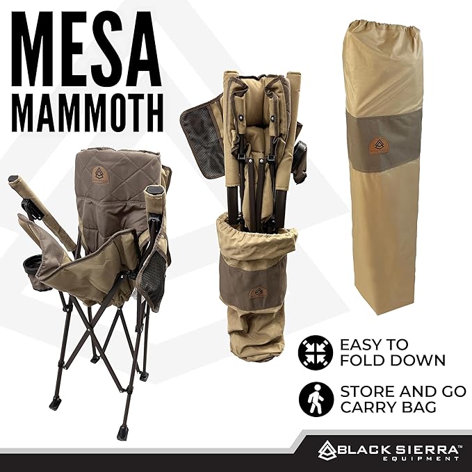 Black Sierra Oversize Camping Chair for Adults Supports 500 lbs, XL Heavy Duty Hard Arm Folding Chair, Steel Frame Durable Padded Outdoor Seat, Portable Fold Up Chair w/Cup Holder and Storage Bag