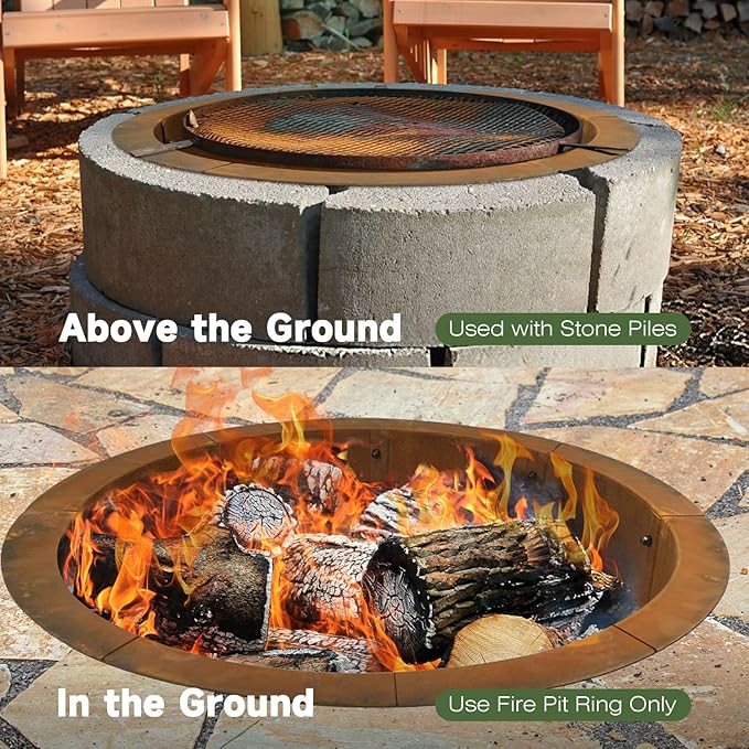 Fire Pit Ring Outdoor Wood Burning Fire Pit Liner 35.4 Inch Camping Fire Ring Corten Steel Firepit Ring Heavy Duty Campfire Ring Above or In-Ground for Bonfire Outdoor Backyard