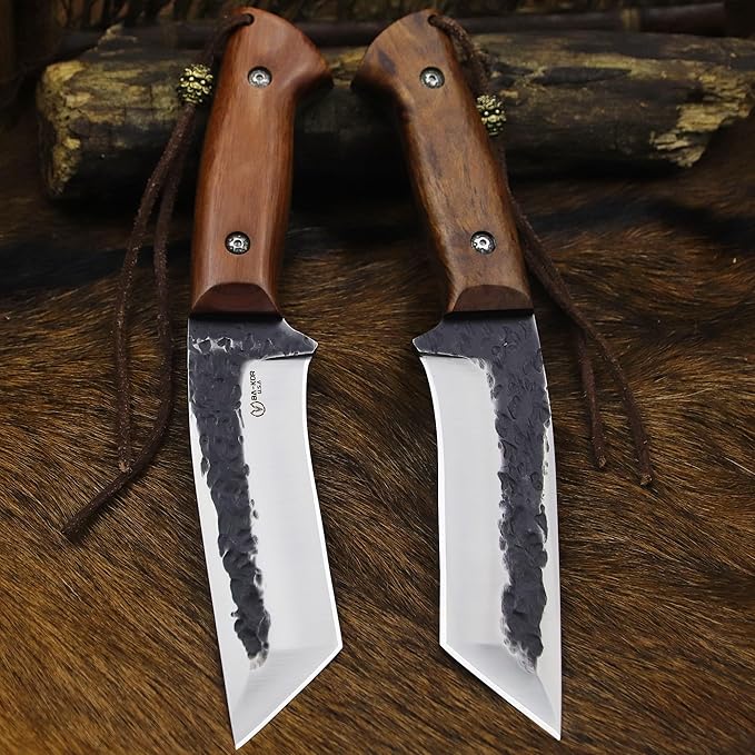 BA-KOR Yellow pear wood handle 5mm 9CR18MOV steel (9.8IN) full Tang forged fixed knife + sheath & (5.9IN) iron ceric igniter, suitable for outdoor camping, tactical survival, EDC, hunting knife
