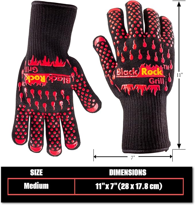 Black Rock Grill Fire & Heat Resistant Cooking Gloves 923F -28cm Silicone Safety Oven Mitts with Fingers- Gloves for Grilling, BBQ, Fireplace, Lava Stones, EN407,EN388, EN ISO 21420 Certified (Medium)