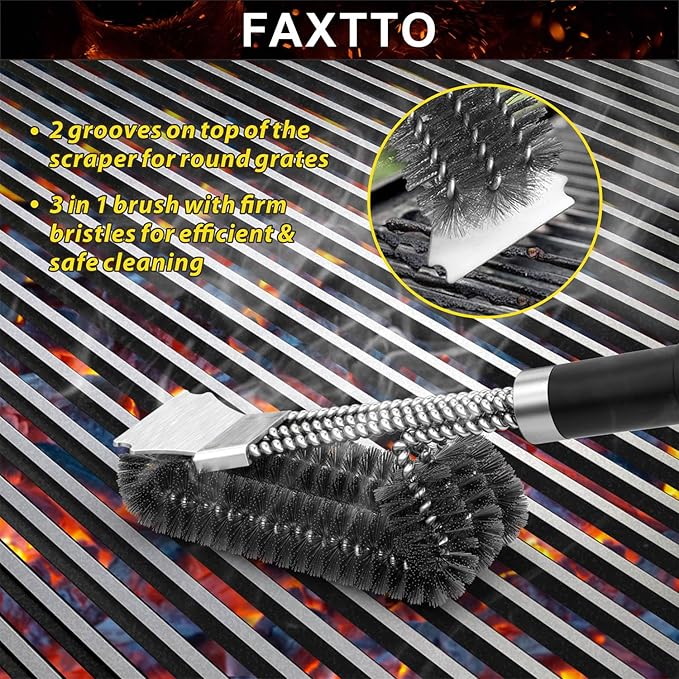 Grill Brush with Extra Strong Long Handle BBQ Cleaner Accessories - Safe Wire BBQ Brush, Triple Barbecue Scrubber Cleaning Brush for Gas/Charcoal Grilling Grates